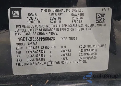 2015 Chevrolet Silverado 2500Hd High Country from USA, damaged, VIN 1GC1KXE85FF580423
